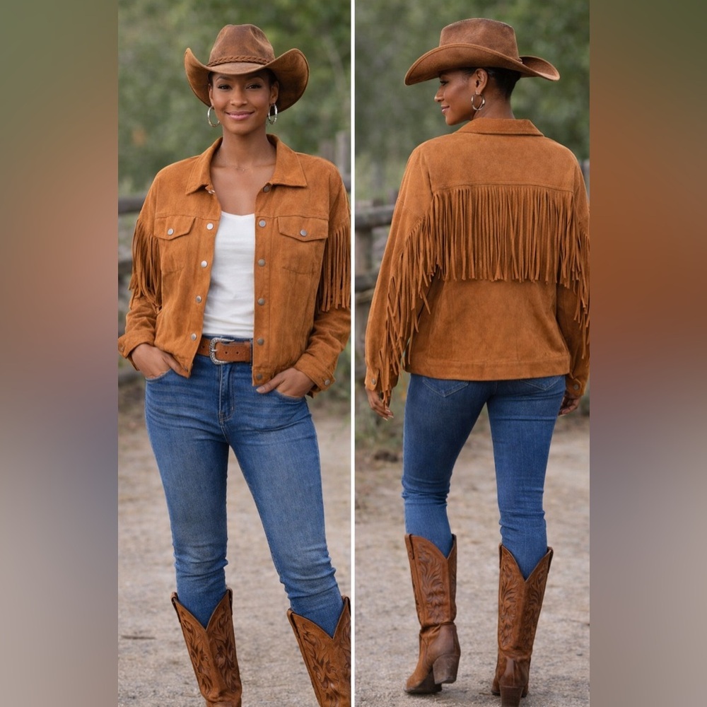 🎄JODIFL Carmel Brown Fringe Jean Jacket Ptp 24”🎄
